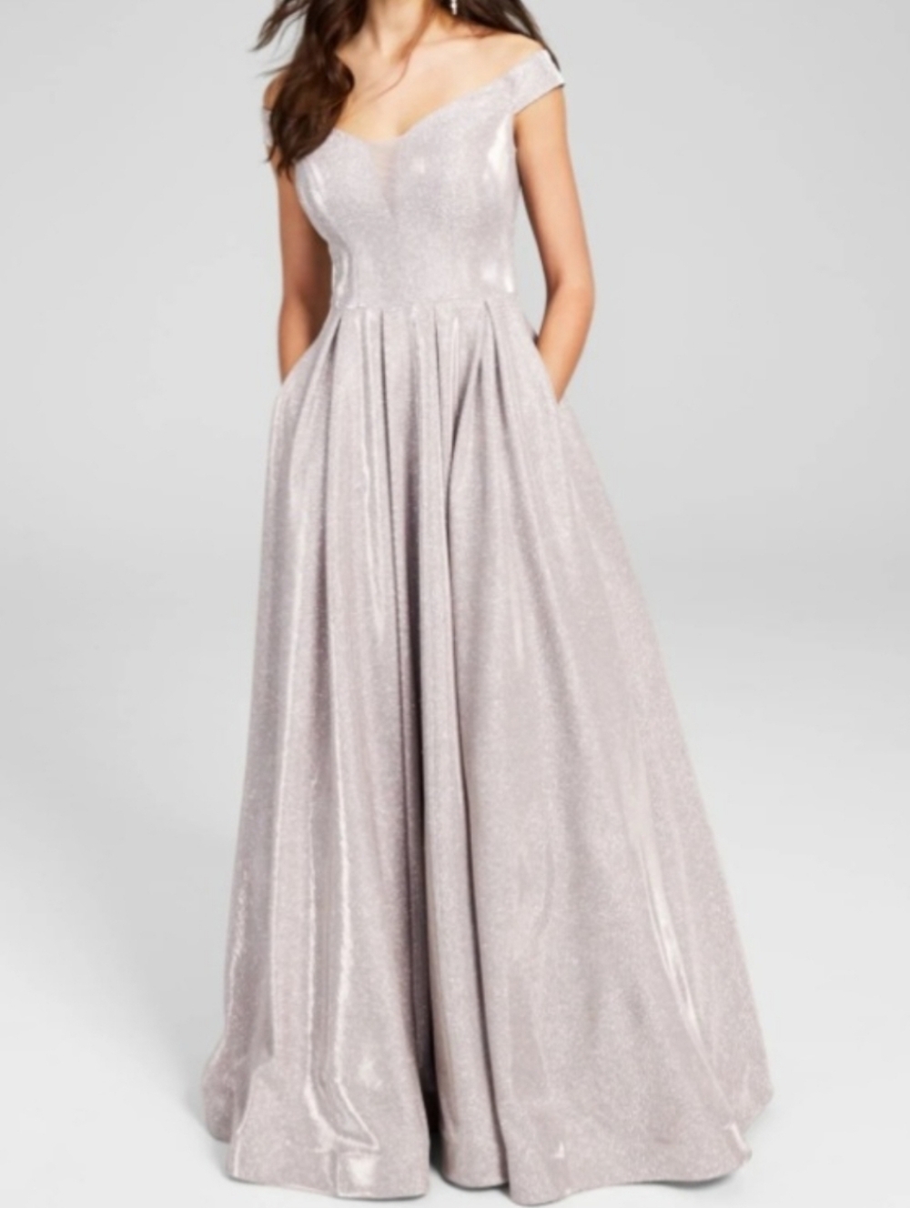 B DARLIN OFF SHOULDER PINK GLITTER GOWN POCKETS FULL SKIRT PROM DRESS 3 / 4